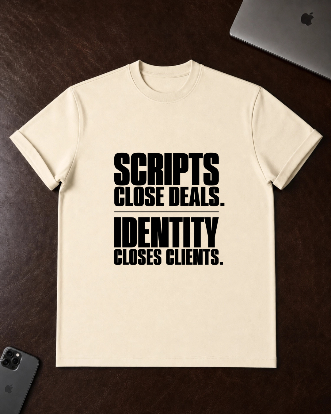 Scripts Close Deals. Identity Closes Clients. - T-Shirt